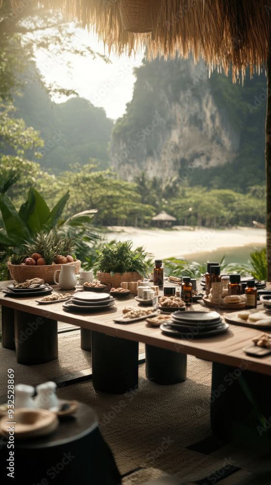 Poster a table with a variety of food and drinks is set up in front of a mountain. the table is surrounded 
