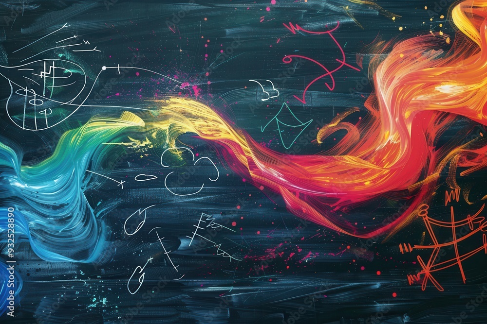 Poster a vibrant chalkboard displays colorful waves of chalk strokes intertwined with scientific formulas a