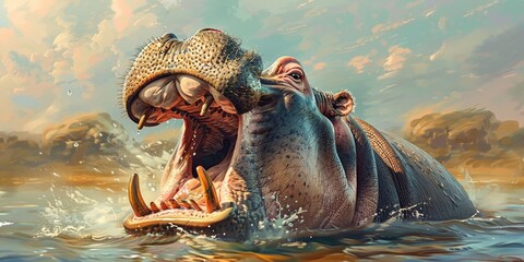 Fototapeta premium Hippopotamus exhibiting dominance through a wide yawn, showcasing its prominent tusks above the water surface.