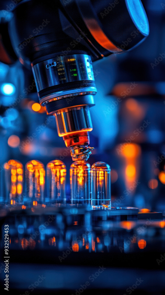 Poster a microscope is focused on a small object. the image has a moody, mysterious feel to it, as if the v