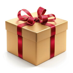 Obraz premium A gold gift box with a red ribbon tied around it isolated white background, cartoon 