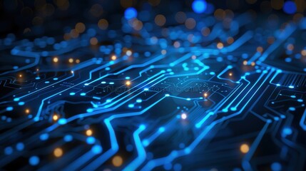 Create an abstract background of a digital network circuit board with a blue and black color scheme, featuring glowing lights and connecting data dots, symbolizing big data technology