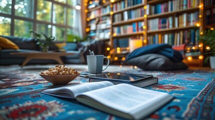 textbook notes tablet,cereals on floor studying for final exam concept