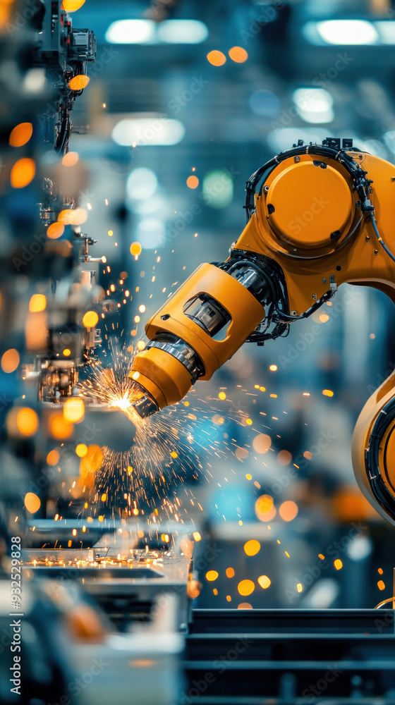 Poster a robot is working in a factory, surrounded by sparks and debris. concept of industrial activity and