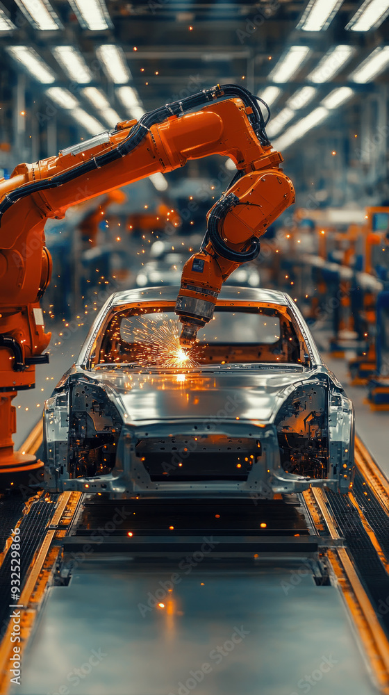 Poster a robot is working on a car in a factory. the robot is orange and is surrounded by sparks. the car i