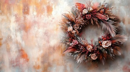 Beautiful floral wreath with vibrant colors against a textured background, perfect for seasonal decorations and home styling.