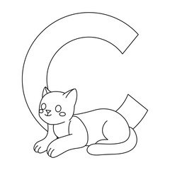 C is for cat ABC coloring book for kids and children. Black outline on white background.