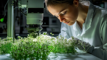 A woman is looking at a plant under a microscope. The plant is green and has a lot of leaves. The woman is wearing a white lab coat and gloves. The scene is set in a laboratory