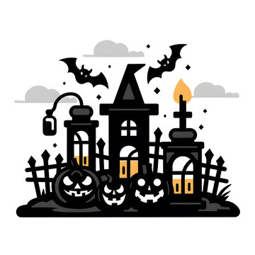 Halloween Night Silhouette: A spooky silhouette of a haunted house, pumpkins, and a graveyard, set against a backdrop of bats and a cloudy sky. Perfect for Halloween decorations, invitations, and spoo