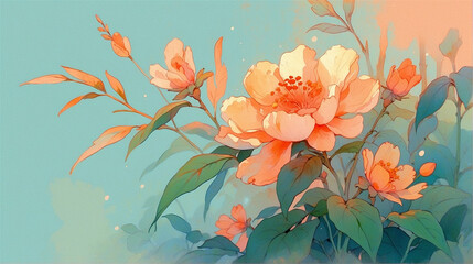 floral background, cute and detailed light pink flowers with watercolor rainbow color splashes dreamy background	