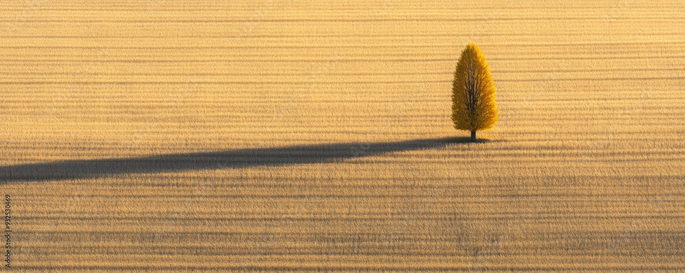 Poster a tree is standing in a field of yellow grass. the tree is the only object in the image, and it is t