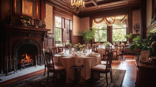 A cozy wedding reception inside a historic mansion, with tables set in a grand dining room with antique furnishings and a roaring fireplace. The tables are decorated with elegant linens, candelabras,