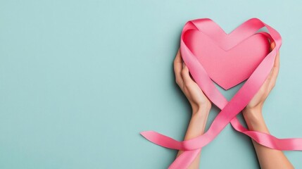 Hands holding a pink heart with ribbons on a pastel background, symbolizing love, care, and compassion.