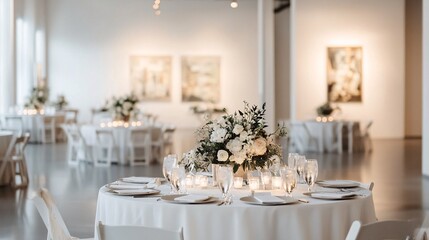 A sophisticated wedding reception inside a modern art gallery, with tables arranged among the artwork. The tables are dressed in minimalist white linens with sleek floral arrangements and