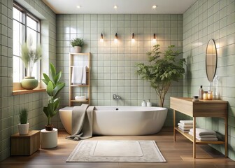 Elegant white square tiles complement warm gray bathroom fixtures, while soothing eucalyptus greens create a calming atmosphere.
