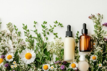 Natural skincare products surrounded by fresh flowers, showcasing beauty and wellness in a serene and organic setting.