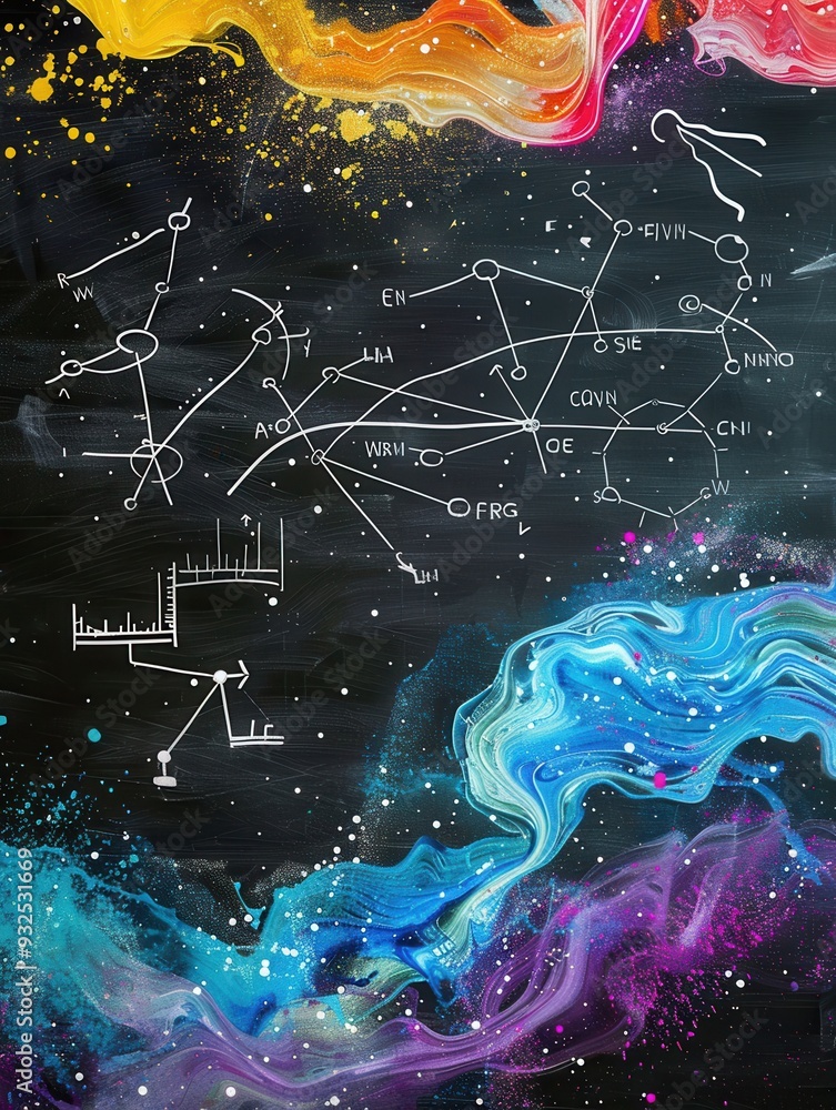 Poster vibrant chalk strokes swirl against a chalkboard, featuring integrated scientific formulas and diagr
