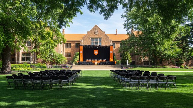 A vibrant outdoor graduation ceremony setup on a college quad, with a stage set up in the center of the lawn. Rows of chairs are arranged around the stage, with a large banner and colorful