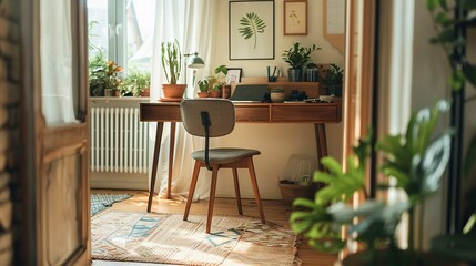 Empty chair at a wooden desk with plants and sunlight in a room