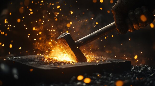 A powerful Labor Day image showcasing a blacksmiths forge, with glowing hot metal being shaped on an anvil. Sparks fly as the metal is struck by a hammer, creating a dramatic and energetic scene. The