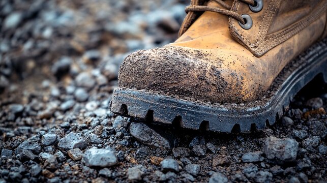 A striking Labor Day image featuring a close-up of a well-worn work boot resting on a pile of gravel. The boot is dusty and scuffed, showing signs of hard work and dedication. The gravel background