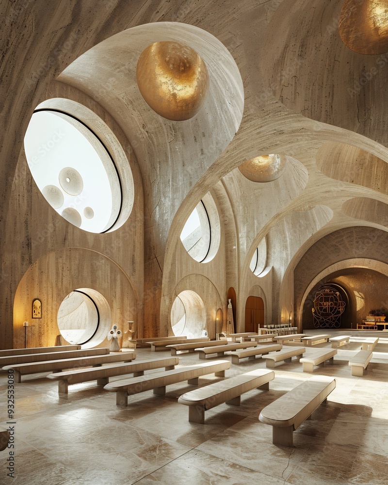 Poster futuristic cathedral creating a transcendent space for reflection