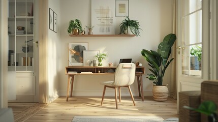 Minimalist Home Office with Wooden Desk and Chair