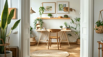 Cozy Home Office with Natural Elements and Plants