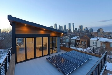 Fototapeta premium Modern Rooftop with Solar Panels and City Skyline View