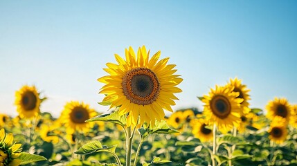 Fototapeta premium A sunflower field in full bloom, with tall, golden sunflowers standing proudly under a clear blue sky. The sunflowers are heavy with seeds, ready for harvest, and the field seems to stretch endlessly