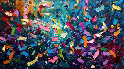 An abstract painting with vibrant colors and brushstrokes, creating a chaotic and dynamic composition.