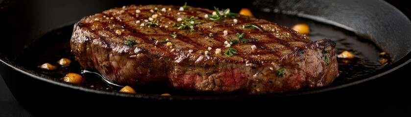 Cast iron skillet, sizzling steak with aromatic herbs, rich golden-brown crust, deep shadows, high contrast, rustic kitchen setting