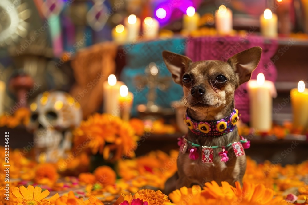 Wall mural chihuahua with a decorative collar and marigolds, sitting before a colorful dia de los muertos altar