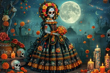 Fototapeta premium Skeletal figure in ornate Mexican dress for Day of the Dead, surrounded by marigolds, candles, and skulls in a moonlit cemetery setting. ai