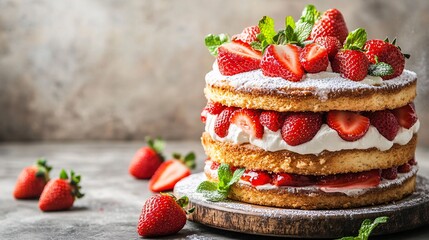 A vibrant strawberry shortcake with layers of fluffy sponge, fresh strawberries, and whipped cream. The cake is topped with a generous layer of strawberries and a dusting of powdered sugar, adding a
