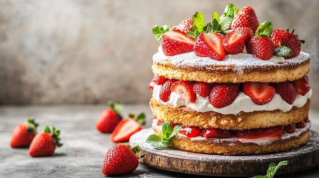 A vibrant strawberry shortcake with layers of fluffy sponge, fresh strawberries, and whipped cream. The cake is topped with a generous layer of strawberries and a dusting of powdered sugar, adding a
