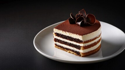A decadent tiramisu cake with layers of coffee-soaked sponge and a creamy mascarpone filling. The cake is topped with a dusting of cocoa powder and a few chocolate curls, adding a touch of elegance.