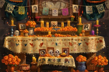 Day of the Dead altar with orange marigolds, candles, and framed photos, representing Mexican tradition and ancestor celebration. ai