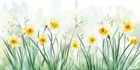 Fototapeta premium Daffodils green grass and pussy willow against a white floral background Watercolor invitation card template suitable for weddings holidays or birthday greetings