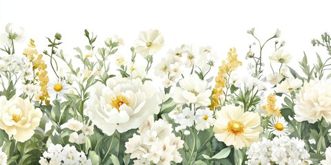A floral border featuring a variety of garden and wildflowers in shades of white and yellow Watercolor illustration includes peonies snowberry cosmos hydrangea anemone lisianthus eustoma chamomile