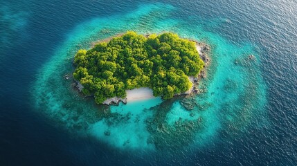 Isolated islands in a clear blue sea, captured from above, with vivid colors of water and vegetation