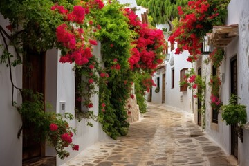 Naklejka premium flowers in the middle of a clean village road