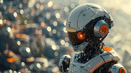 Fototapeta premium artificial intelligence robot thinking about world looking at the city futuristic concept