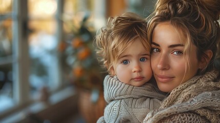 beatiful mother sitting with little son outdoors in garden patio warm spring day of mother with toddler hygge motherhood