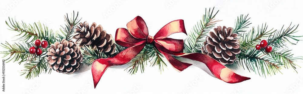 Wall mural christmas themed decoration featuring ribbon and pine cones watercolor illustration on a white backg