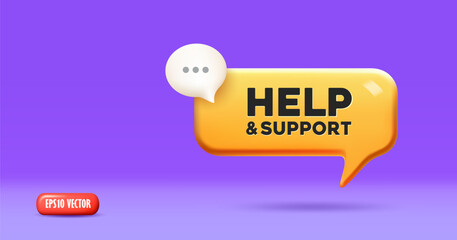Speech bubble 3d yellow color, with message help and support purple background design, eps 10 vector illustration