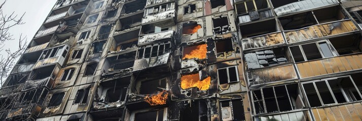 Fototapeta premium Exterior of a multi-story residential building affected by a missile impact and resulting fire damage