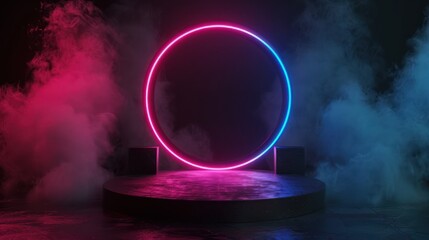 Neon Circle with Smoke and Platform