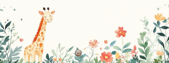 Cute watercolor illustration of a giraffe and snail with a floral theme in a childlike design