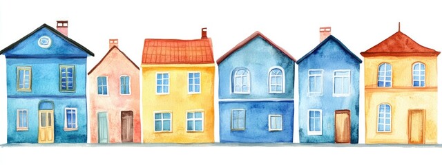 Fototapeta premium Blue house facade in watercolor style Hand painted cartoon design featuring windows on a white background